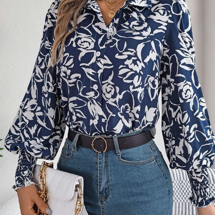 Printed Collared Neck Lantern Sleeve Shirt