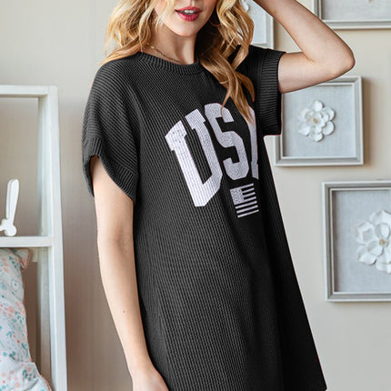 Heimish Full Size USA Graphic Short Sleeve Ribbed Top
