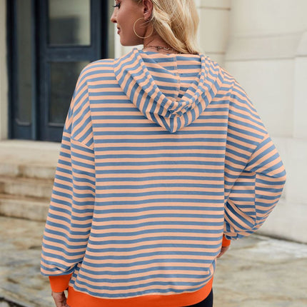 Drawstring Contrast Striped Long Sleeve Hoodie