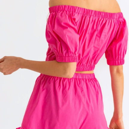 Tasha Apparel Off Shoulder Crop Top and Ruffled Shorts Set