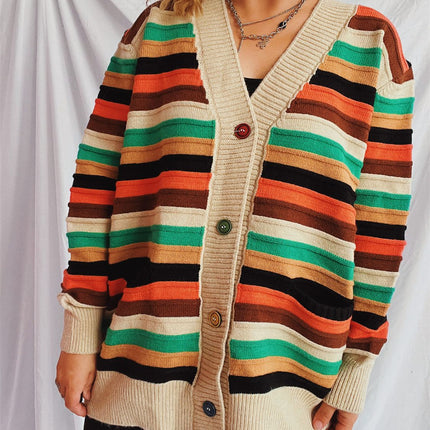 Contrast Stripes Button Up Long Sleeve Cardigan