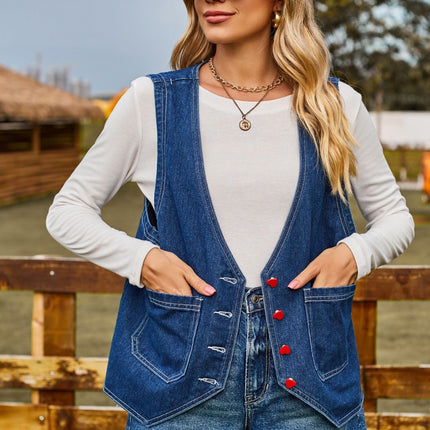 Pocketed Button Up Sleeveless Denim Jacket