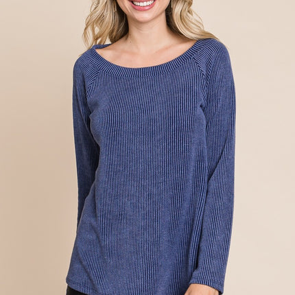 Super Lady Full Size Rib Texture Boat Neck Top