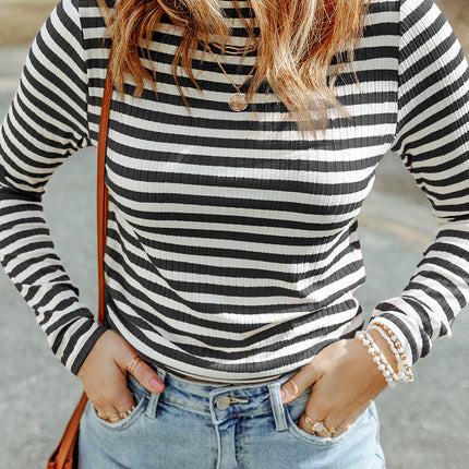 Double Take Striped Mock Neck Long Sleeve Top