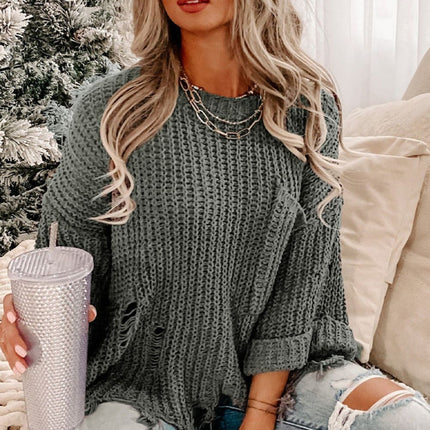 Distressed Round Neck Drop Shoulder Sweater