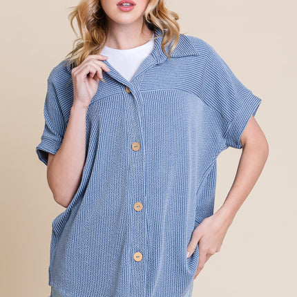 BOMBOM Button Up Short Sleeves Ribbed Shirt