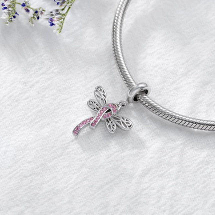 Sterling Silver & Pink Austrian Crystals Dragonfly Pink Ribbon Charm for Pandora Bracelets 15.1x16.8mm