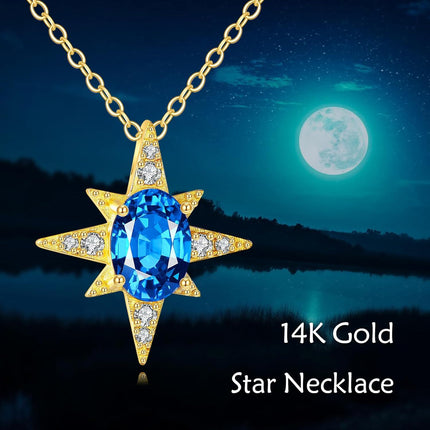 14K Gold Blue Topaz Star Pendant Necklace for Women Birthdays Gifts