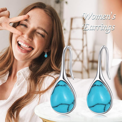 925 Sterling Silver Turquoise Teardrop Threader Earrings for Women - Long Dangle Pierced Jewelry