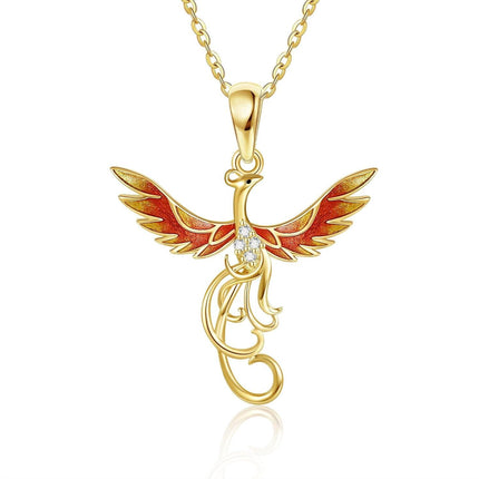 14K Gold Red Enamel Phoenix Pendant Necklaces with Cubic Zirconia Stones Gifts for Women