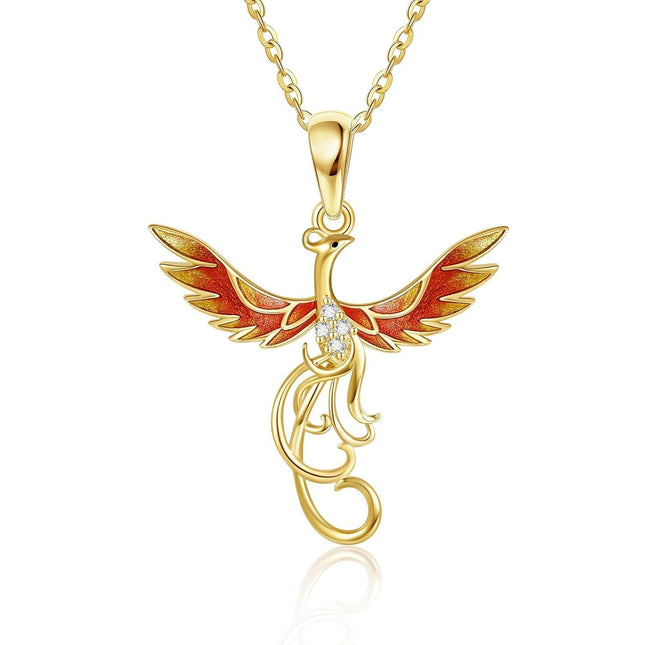 14K Gold Red Enamel Phoenix Pendant Necklaces with Cubic Zirconia Stones Gifts for Women