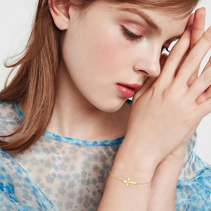 14K Gold Sideways Cross CZ Star Charm Chain Link Bracelet for Women Adjustable Religious s