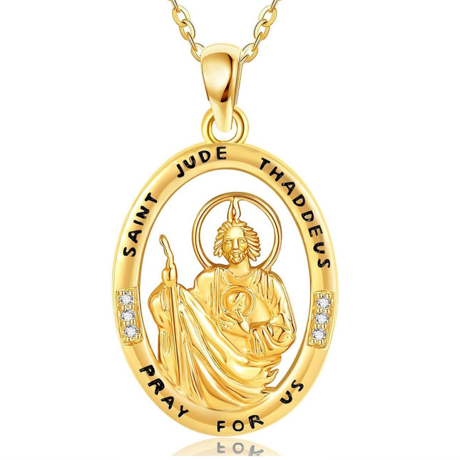 14K Gold Saint Jude Thaddeus Pendant Necklace with Cubic Zirconia - Religious Protection s for Women on Valentines and Mother's Days