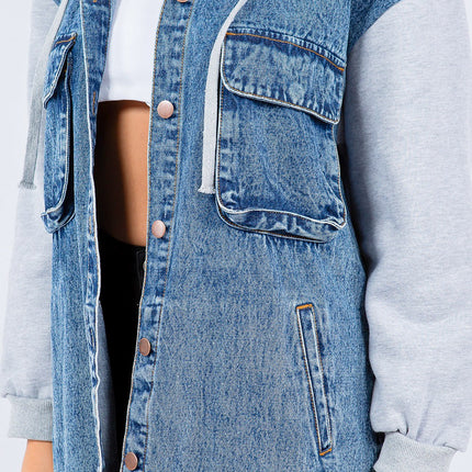 American Bazi Contrast Longline Hooded Denim Jacket