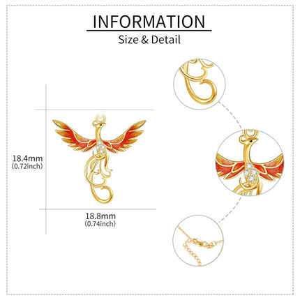 14K Gold Red Enamel Phoenix Pendant Necklaces with Cubic Zirconia Stones Gifts for Women