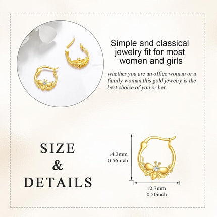 10K Gold Bee Design Hoop Earrings with Cubic Zirconia - Fashionable Gift for Her