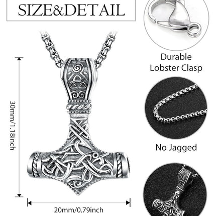 925 Sterling Silver Viking Mjolnir Hammer Pendant Necklace with 28 Rolo Chain for Men