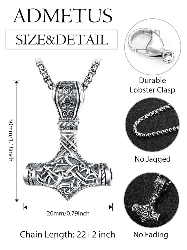 925 Sterling Silver Viking Mjolnir Hammer Pendant Necklace with 28 Rolo Chain for Men