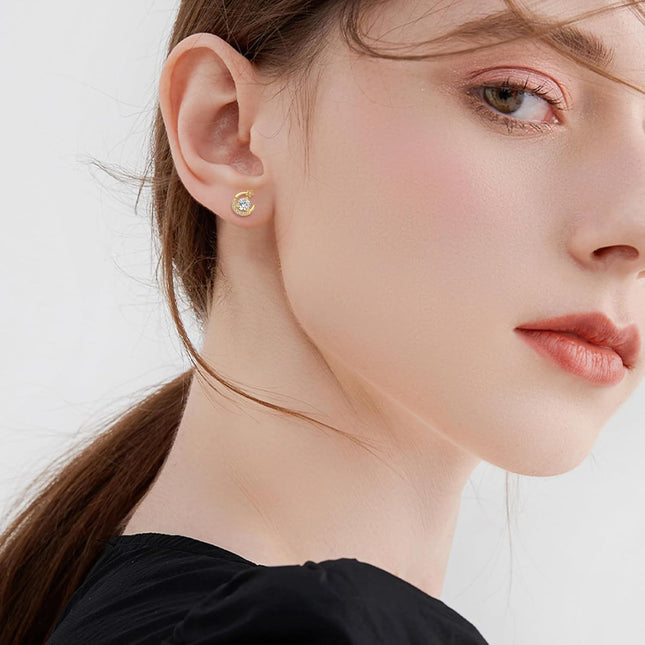 14K Gold Crescent Moon & Star CZ Stud Earrings for Women - Birthday/Christmas Gifts