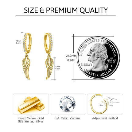 Gold 925 Sterling Silver Angel Wing Feather Cross Dangle Drop Earrings for Women Men 925 Fine Jewelry Minimalist Gift Idea
