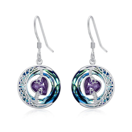 925 Sterling Silver Purple Heart & Blue Swarovski Crystals Round Drop Earrings for Women