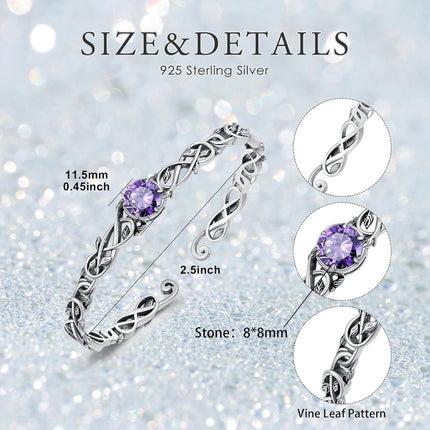 925 Sterling Silver & Natural Amethyst Vine Leaf Wrap Boho Bracelet for Women, Healing Stone Jewelry Gift, 6-7.5 Adjustable