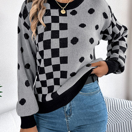 Plaid Round Neck Long Sleeve Sweater