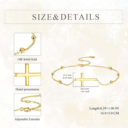 14k Gold Religious Cross Bracelet for Women Adjustable Link Chain