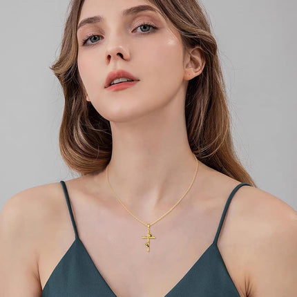 14K Gold Cross with Ladybugs and Crystal Accents Pendant Necklace for Women