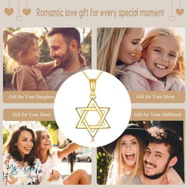 14K Gold Star of David Hexagram Pendant Necklace for Women