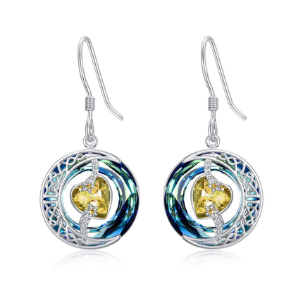 925 Sterling Silver Purple Heart & Blue Swarovski Crystals Round Drop Earrings for Women