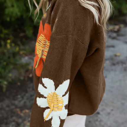 Flower V-Neck Dropped Shoulder Sweater