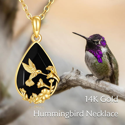 14K Gold Solid 14K Gold Black Onyx Hummingbird Flower Pendant Gothic Necklace