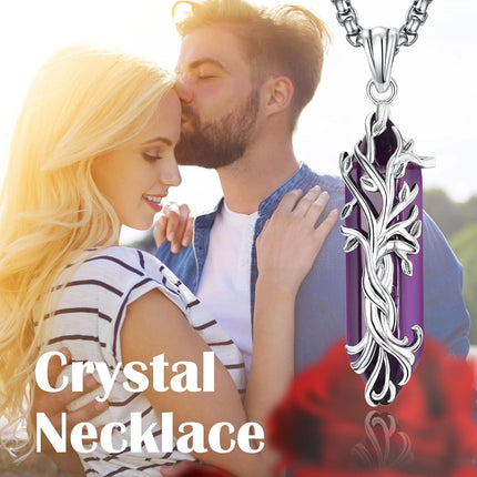 925 Sterling Silver Purple Amethyst Natural Stone Healing Crystal Tree of Life Pendant Necklace