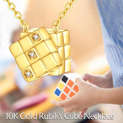 10K Gold Square Puzzle Design Cubic Zirconia Pendant Necklaces Minimalist Fine s for Women and Teenage Girl