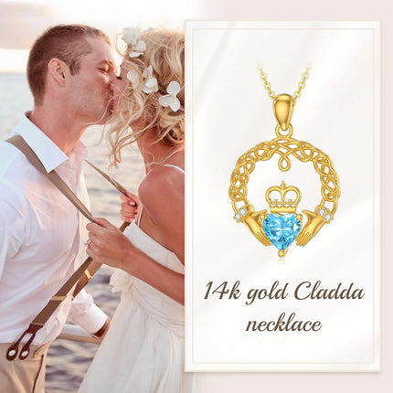 14K Gold Heart-Shaped Blue Crystal Crown and Hands Celtic Knot Claddagh Pendant Necklace for Women
