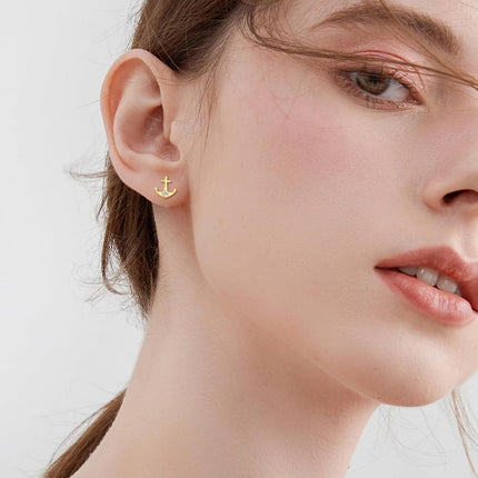 14K Gold Diamond Anchor Stud Earrings - Hypoallergenic for Her