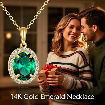 14K Yellow Gold Lab-Created Emerald & Zirconia Oval Pendant Necklace