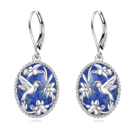 925 Sterling Silver Gold-Plated Blue Lapis Lazuli Hummingbird & Flower Drop Earrings