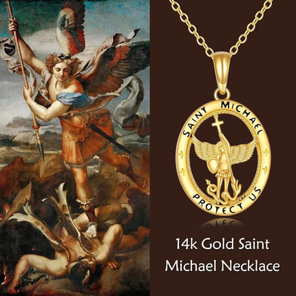 14K Gold Saint Michael Pendant Protection Charm Necklace Gifts for Her Valentines Day Mother's Day