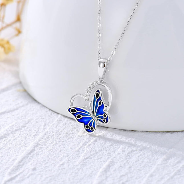 14K White Gold Natural Diamond & Blue Butterfly Dainty Heart Pendant Necklace for Women, Nickel-Free, 16 1.8g, Gift for Her