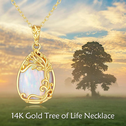 14K Gold White Opal Tree Of Life Pendant Necklaces For Women s