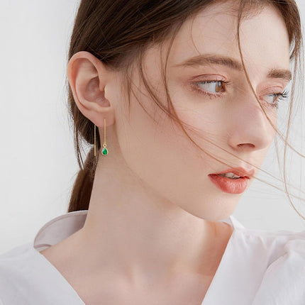 14K Gold Infinity Teardrop Emerald Threader Earrings for Women - 23rd Anniversary Gifts for Her