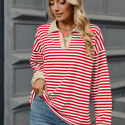 Striped Johnny Collar Long Sleeve Sweatshirt