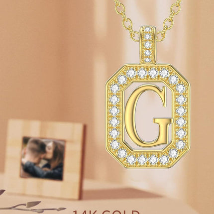 14K Solid Gold Moissanite Initial Pendant Necklace A-Z 16 2mm Chain