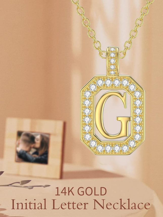14K Solid Gold Moissanite Initial Pendant Necklace A-Z 16 2mm Chain