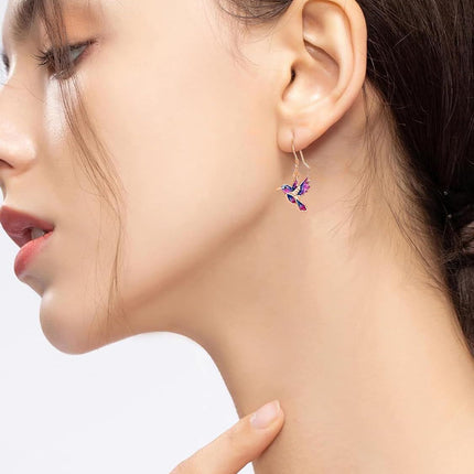 925 Sterling Silver Purple & Blue Enamel Hummingbird Dangle Drop Earrings for Women