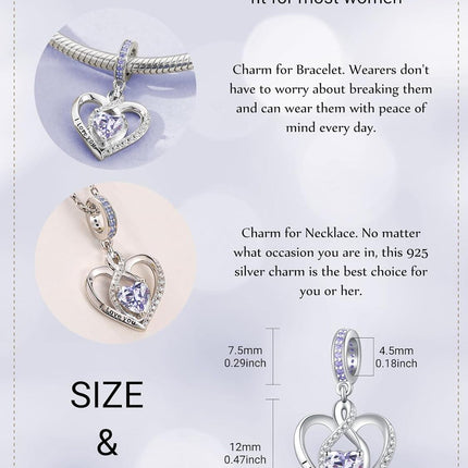 925 Sterling Silver Heart Birthstone Charms for Bracelets Jewelry Gifts