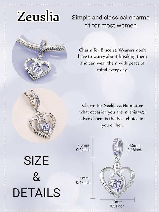925 Sterling Silver Heart Birthstone Charms for Bracelets Jewelry Gifts