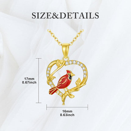14K Gold Cardinal Bird Pendant Necklace with Cubic Zirconia for Women